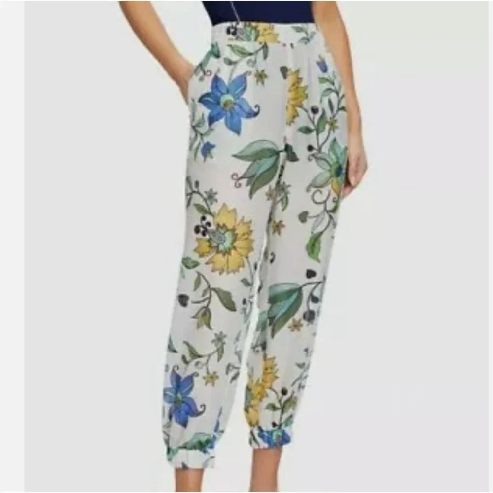 Tory Burch Printed Beach Pants in Ivory love floral Cotton Silk Size Medium NWT